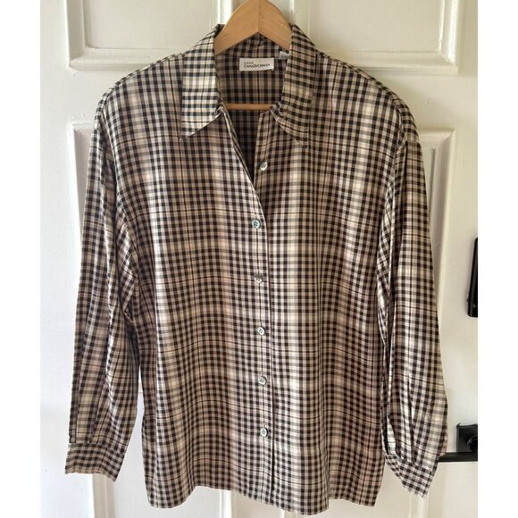 Vintage Dana Buchman Silk Plaid Blouse Size 12 Black Beige Check 90s Quiet Luxe - Picture 1 of 12